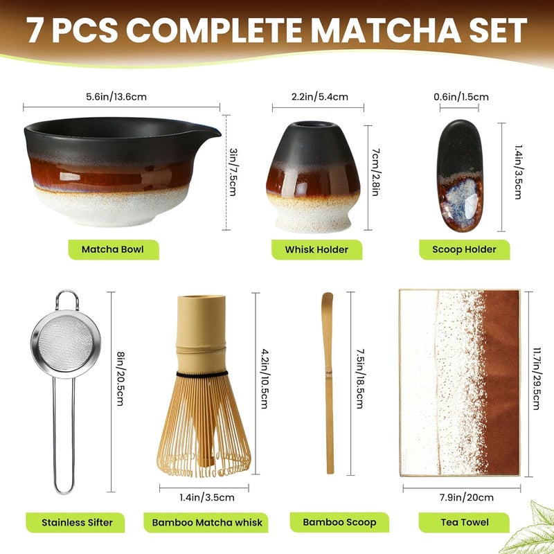GBBG Matcha Whisk Set, Ceramic Matcha Kit Desert Style, Matcha Whisk and Bowl, Bamboo Scoop and Rest, Sifter and Tea Towel, 7 Pcs Gifts for Matcha Lover - Matte Black - Image 5
